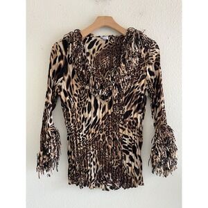 Agora Y2K Leopard Fringe Top Medium Mob Wife McBling Cheetah Glam Festival